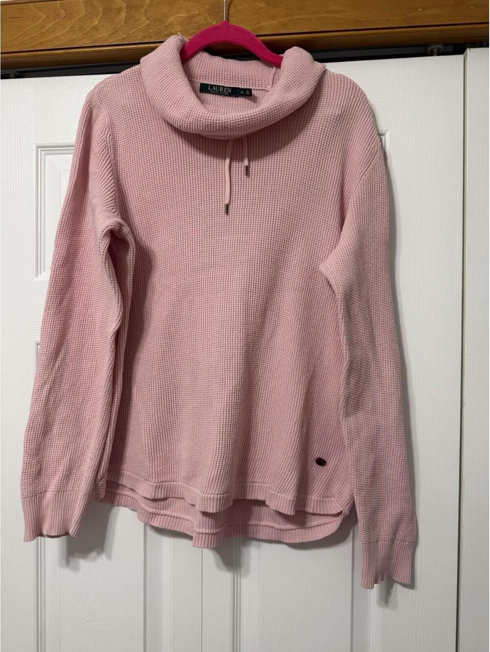 Lauren Ralph Lauren Pink Cotton Waffle Knit Cowl Neck Sweater XL